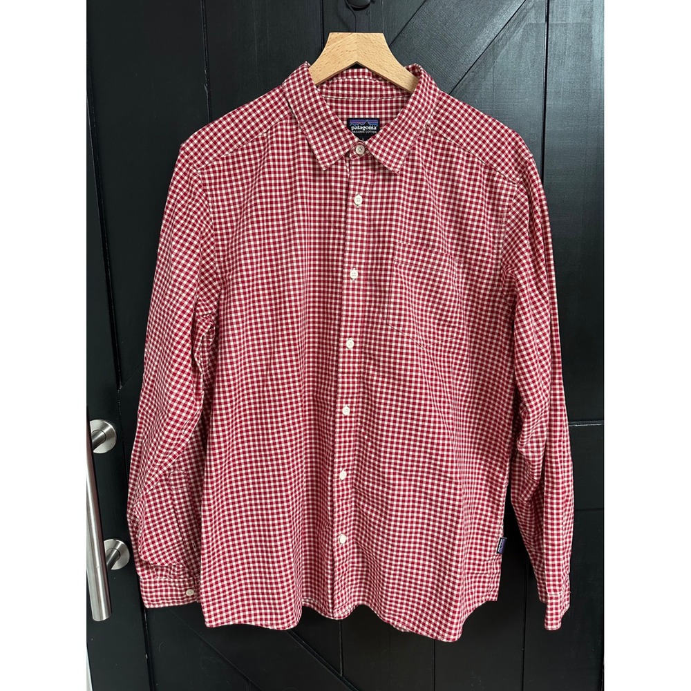 Patagonia Mens Gingham Organic Cotton Button Down Shirt Red White Size L Casual
